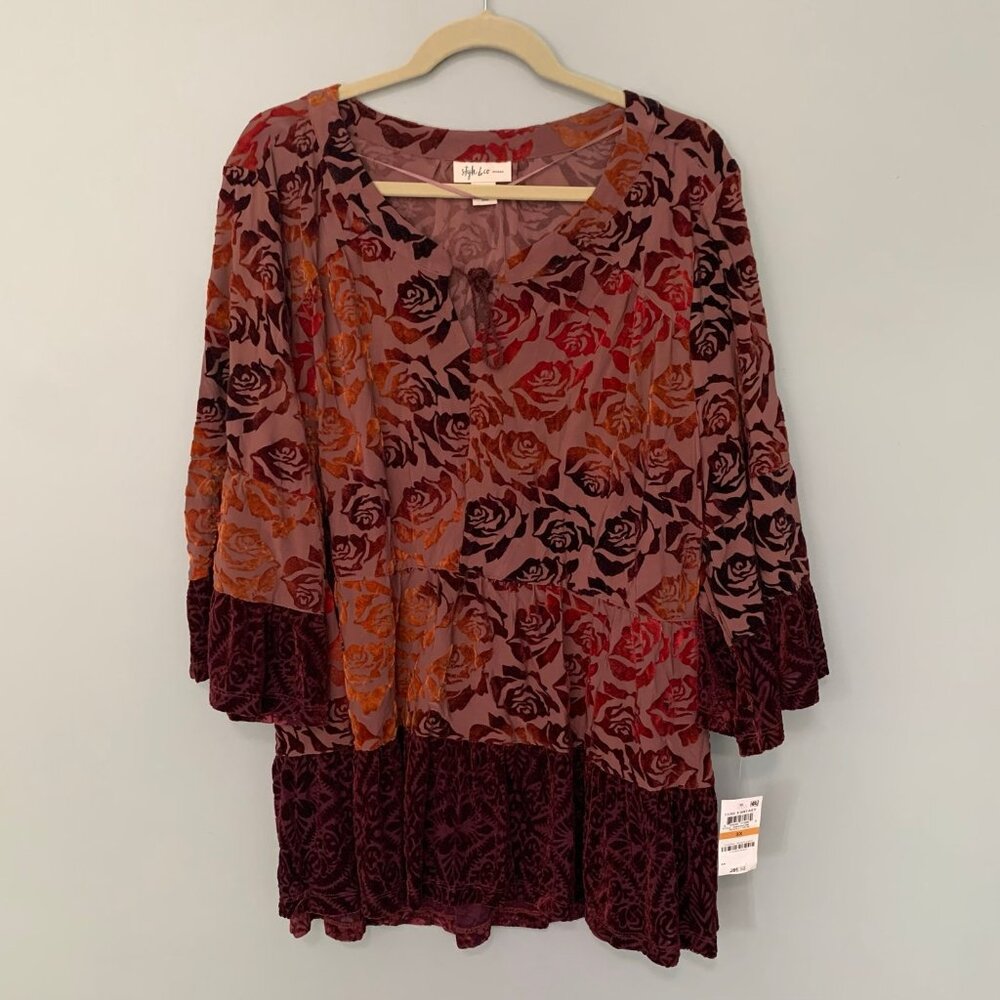 NEW Style &‎ Co Woman 3X Luxe Fantasy Burnout Velvet Rose Tunic Scarlet Rose